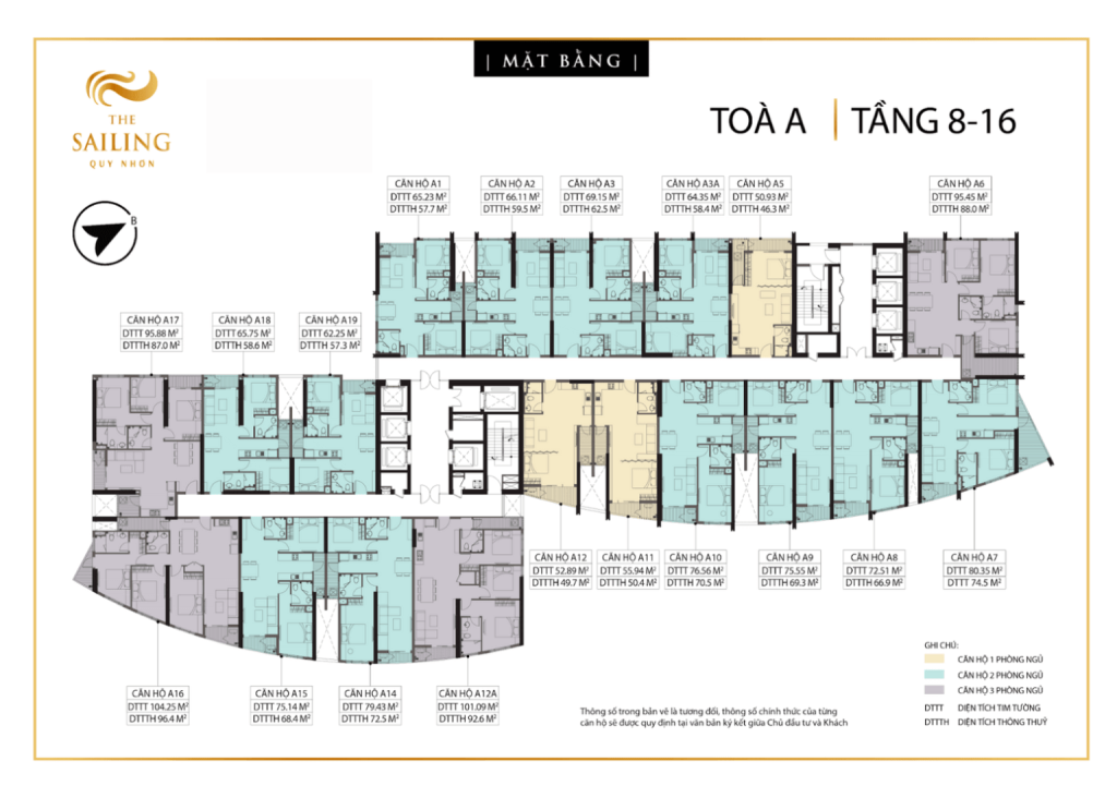 Mặt bằng tầng 8 – 16 Tháp A The Sailing Quy Nhơn